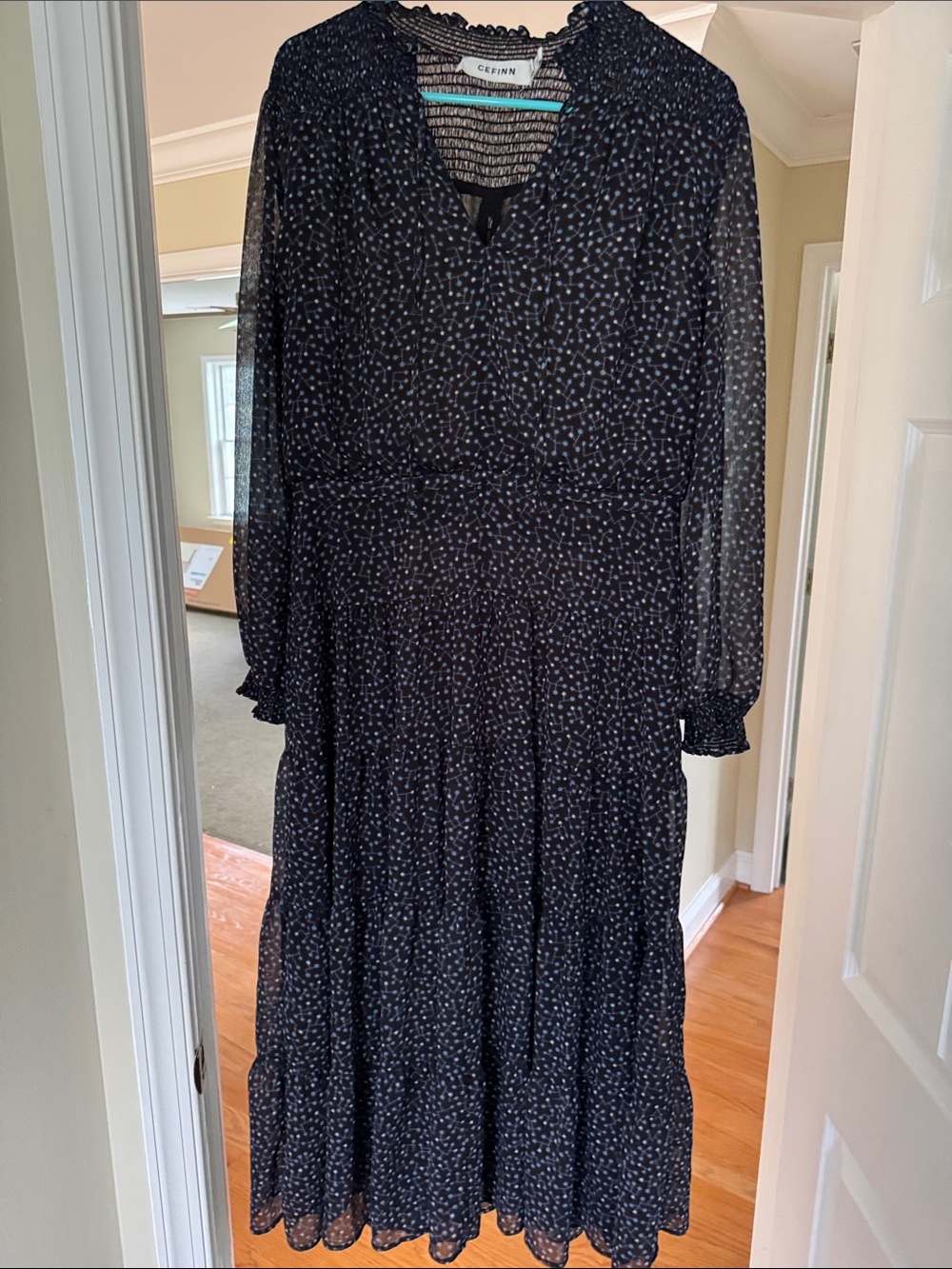 Smocked Neck Black Pattern Midi Dress - Cefinn
